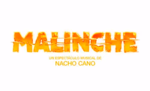 Logotipo del espectáculo musical Malinche en tonos naranjas brillantes