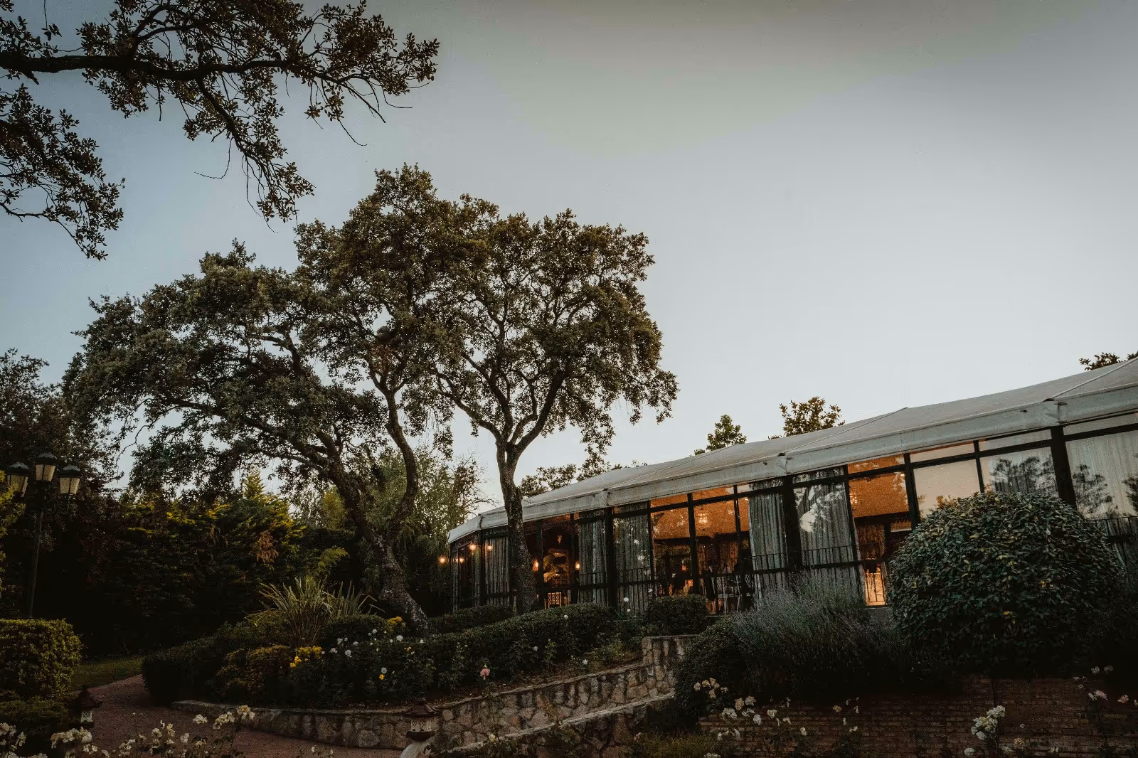 Edificio de cristal moderno rodeado de árboles y jardines exuberantes al atardecer